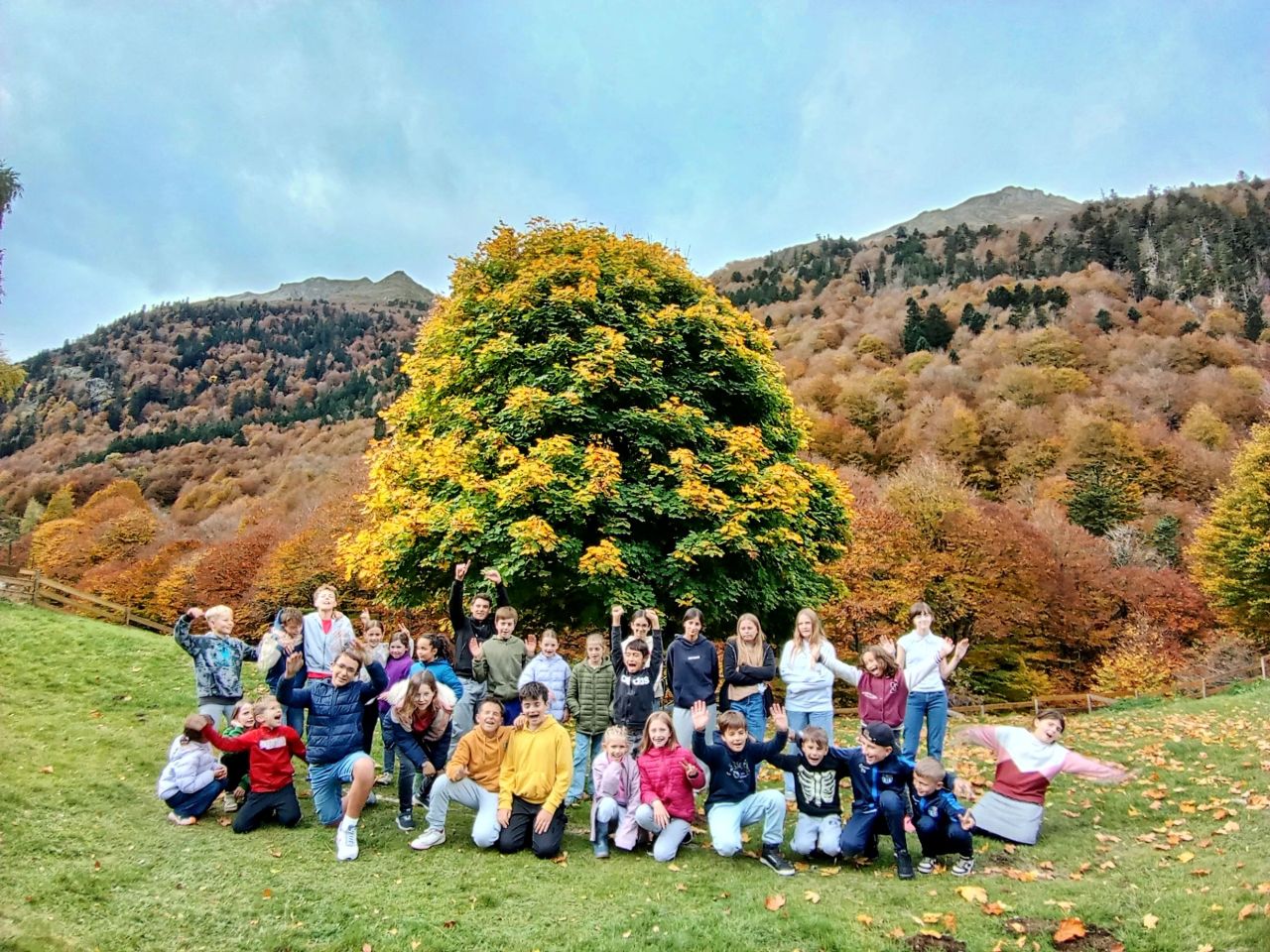 photo groupe sous arbre aux couleurs d'automne